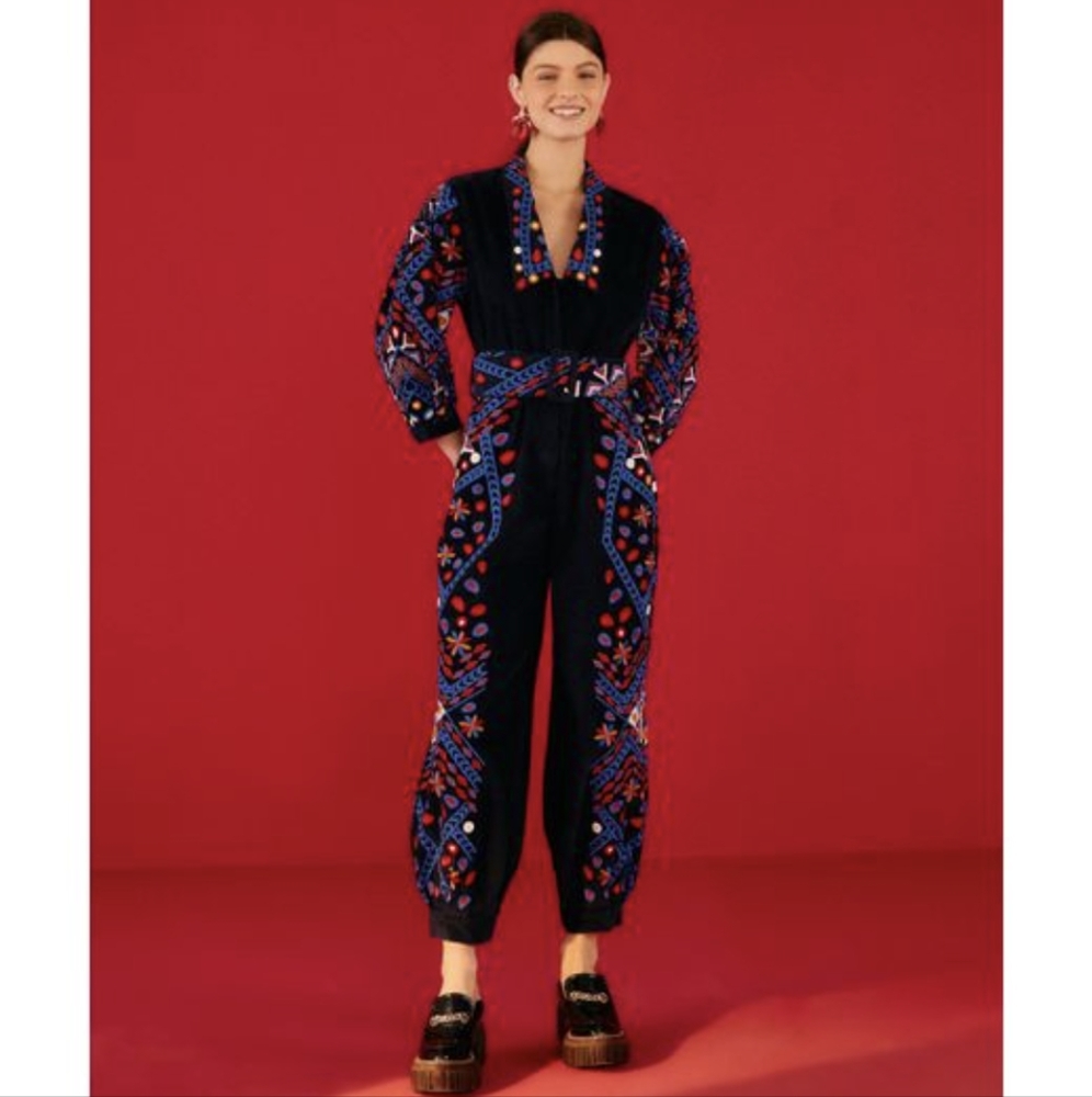 FARM RIO Embroidered Corduroy Jumpsuit Size Medium $495 Holiday Party